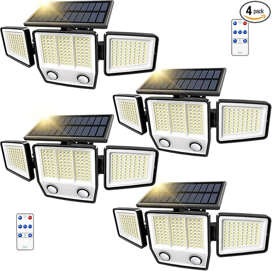 Solar Motion Sensor Outdoor Lights Waterproof - 3000LM 3 Modes Security Lights Outdoor 270° Illumination IP65 LED Solar Flood Wall Light for Garden Yard Patio Pathway (With ‎Remote Control, 4)