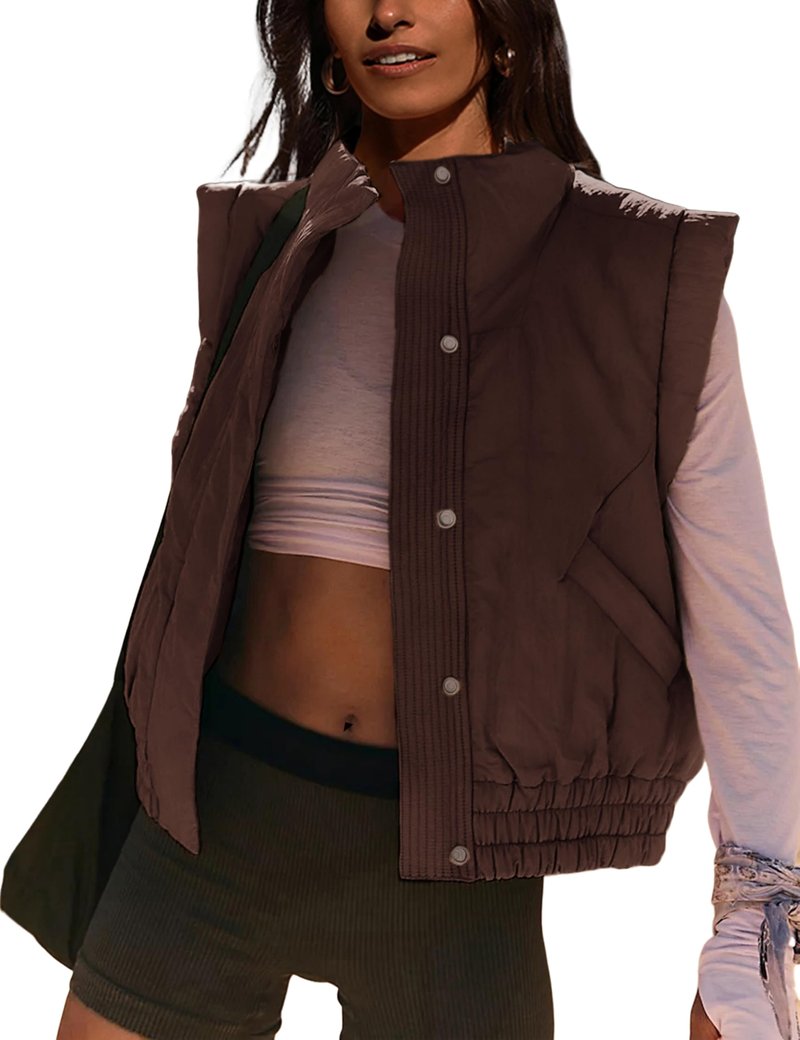 Lviefent Womens Puffer Vest Cropped Lightweight Button Down Quilted Vest Sleeveless Padded Gilet Coat with Pockets (Brown-XS)
