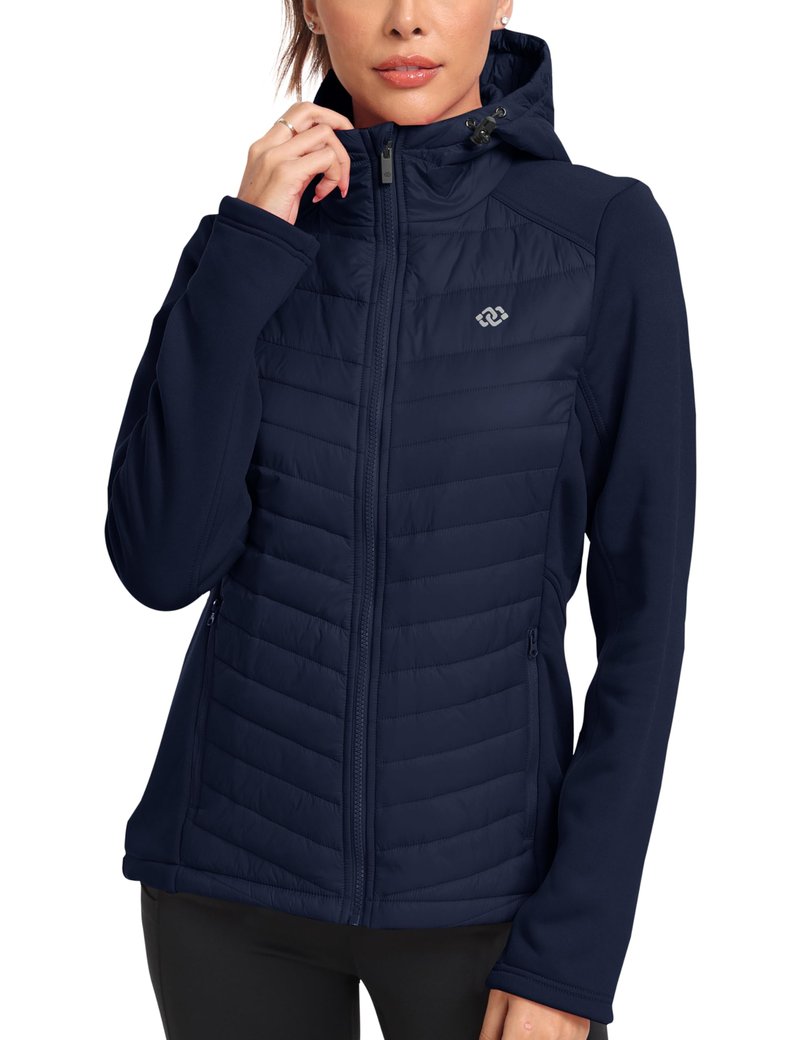 MoFiz Women's Insulated Running Jackets Puffer Hybrid Down Jacket Hiking Stretch Zip Pockets Fleece Lined with Hoodie Cold Weather Navy M