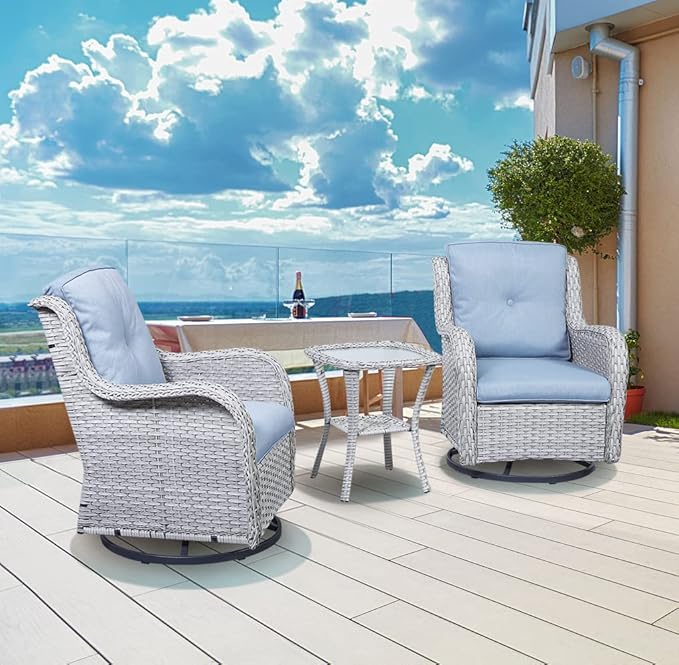 Rilyson Wicker Rocking Chair Swivel Chairs - 3 Piece Rocker Patio Furniture Set Rattan Rocking Bistro Sets with Glass Top Side Table for Outdoor Porch Deck Garden Backyard (Light Grey/Sky Blue)