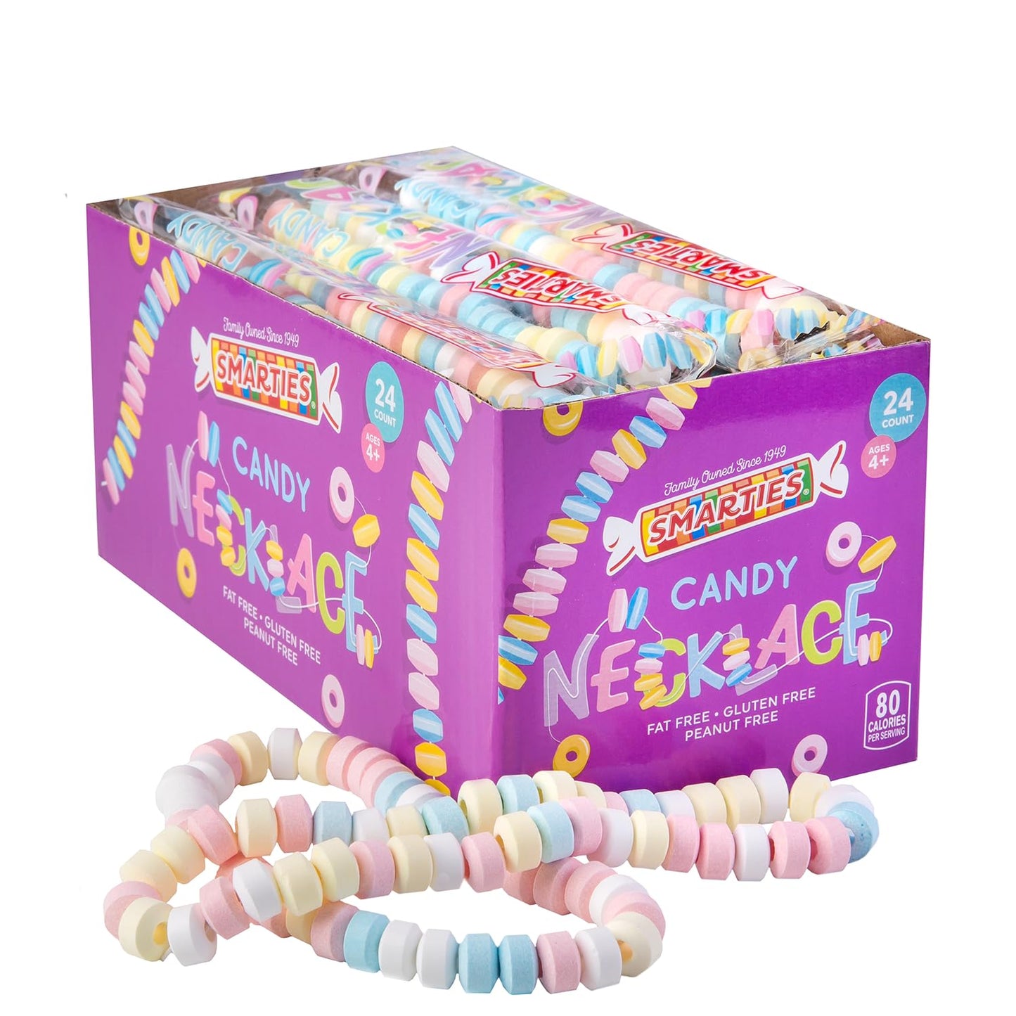 Smarties Candy Necklace - Bulk Candy Individually Wrapped - Gluten Free & Vegan, Fruit Flavored, Hard Candy on Stretch String - Perfect Party Favors, Birthdays & Halloween Hard Candy Box - 24 Count