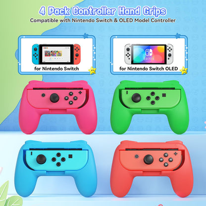 FASTSNAIL 4 Pack Grips Kit Compatible with Nintendo Switch for Joy Con, Wear-Resistant Grip Controller for Joy con & OLED Model with 12 Thumb Grip