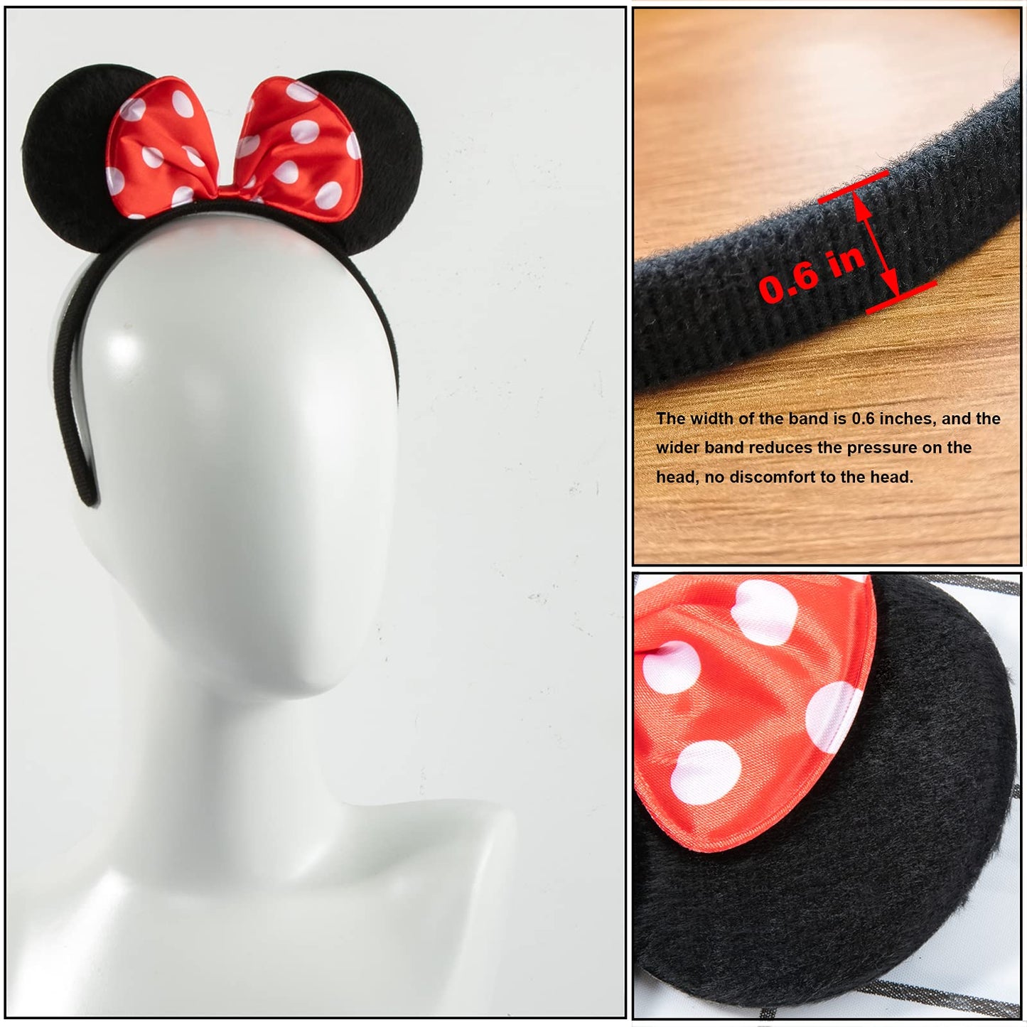 CHuangQi 20 pcs Mouse Ears Headbands, Solid Black Ears & Polka Dots Red Bow, Boys & Girls Birthday Party Supplies