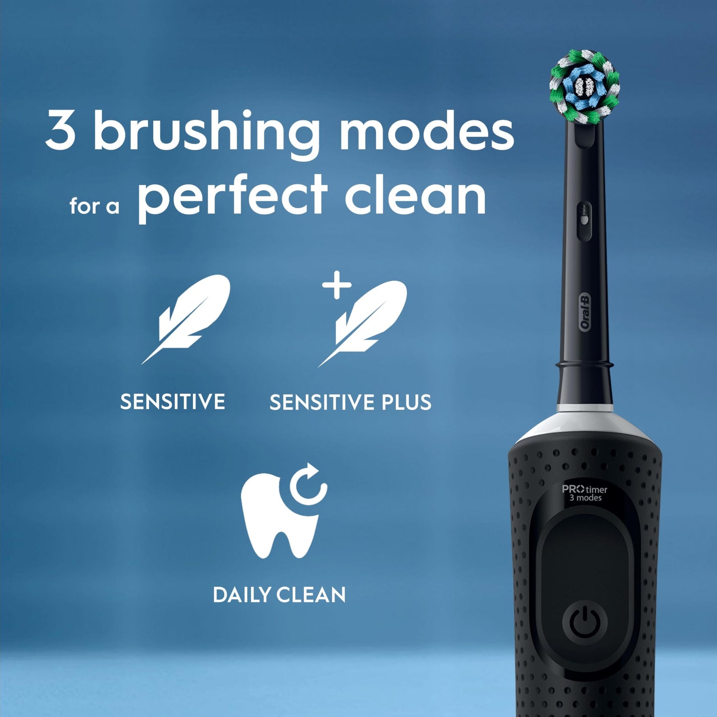 Oral-B Vitality Pro Electric Toothbrushes for Adults, for Him/Her, 1 Handle, 2 Toothbrush Heads, 3 Brushing Modes Including Sensitive Plus, 2 Pin UK Plug, Black (Packing May Vary)