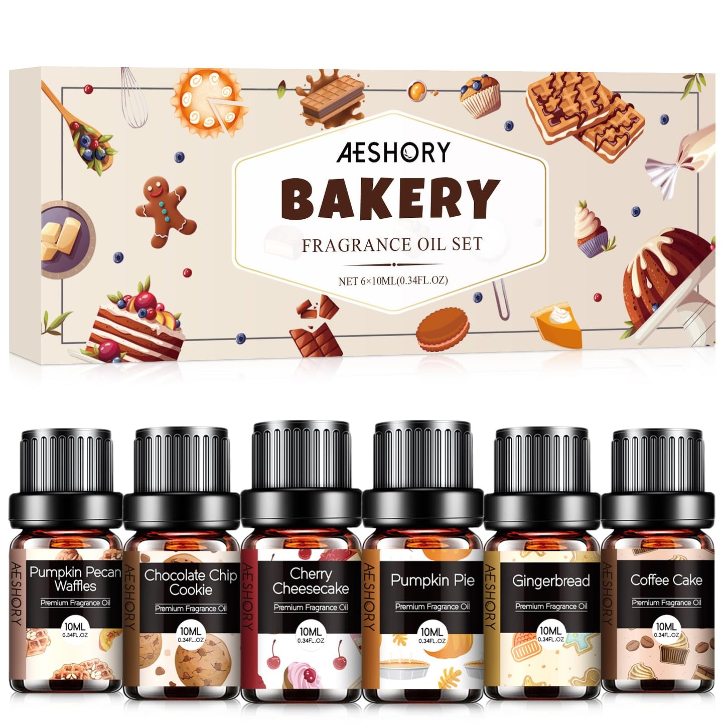 Bakery Essential Oils Set - Fragrance Oil for Diffusers for Home, Candle Making - Pumpkin Pie, Coffee Cake, Gingerbread, Cherry Cheesecake Aromatherapy Scented Oils (6x10ML)