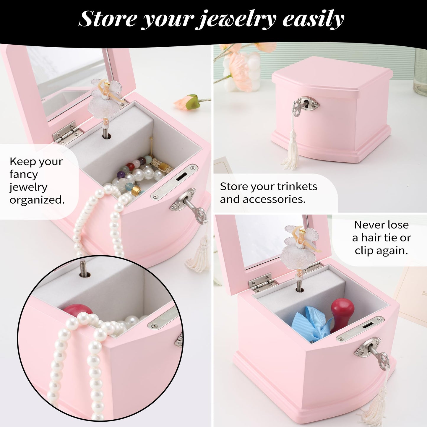 Jozen Gift Pink Small Ballerina Musical Jewelry Box with Mirror and Lock for Girls，Pink Kid's Jewelry Storage Music Chest,Gift for Christmas,New Year,Birthday