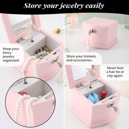 Jozen Gift Pink Small Ballerina Musical Jewelry Box with Mirror and Lock for Girls，Pink Kid's Jewelry Storage Music Chest,Gift for Christmas,New Year,Birthday