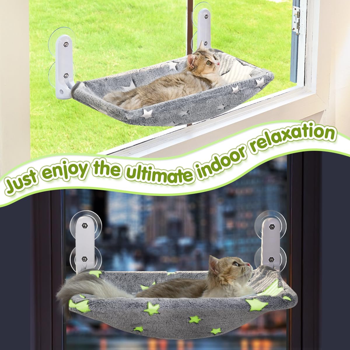 Zoratoo Cat Window Perch, Glow in The Dark Cordless Foldable Pet Hammock Bed for Window with Sturdy Metal Frame, Glowing Stars Pattern Resting Seat for Indoor Cats (Stars - M)