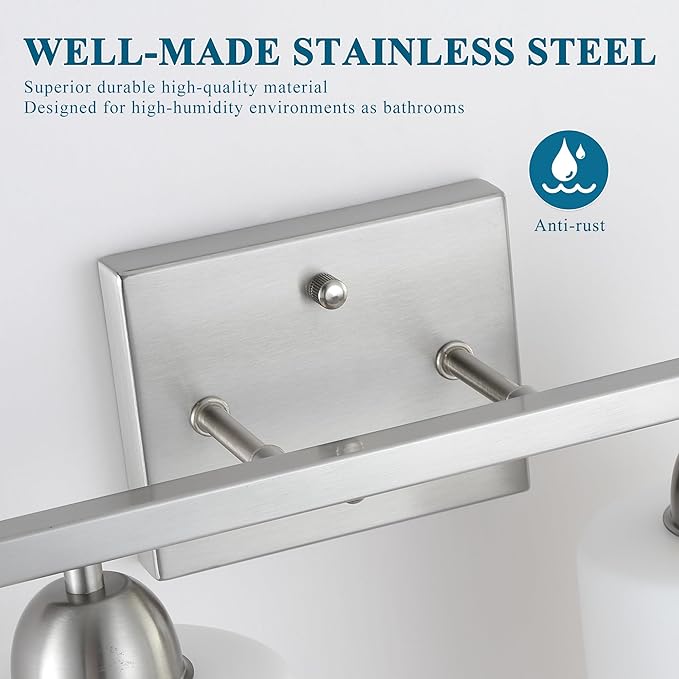 Stainless Steel Bathroom Vanity Light Over Mirror, 2 Light Brushed Nickel Bathroom Light Fixtures with Milk Glass and Clear Glass Shades, Modern Vanity Lighting Wall Mount