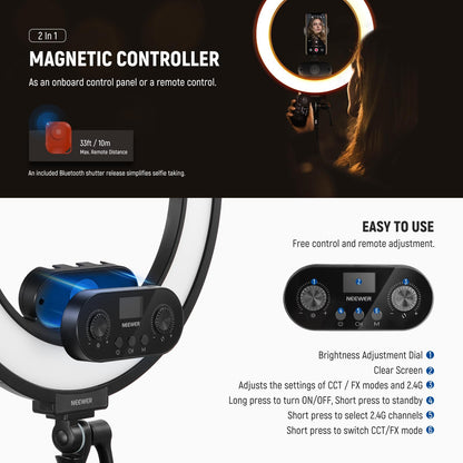 NEEWER 18 Inch Edge Lit Ring Light with Tripod Stand Phone Holder Compatible with iPhone for Video Recording Selfie Makeup Studio Streaming, 45W 2900-7000K APP 2.4G Control Ringlight Lighting, RL45B