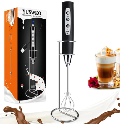 YUSWKO Black Handheld Milk Frother Wand for Coffee, Rechargeable Electric Whisk with 3 Heads 3 Speeds Drink Mixer Coffee Frother For Latte, Cappuccino, Hot Chocolate, Egg