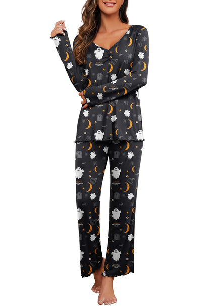PrinStory 2025 Women's Pajama Set Long Sleeve Sleepwear Ladies Lounge Set Soft Pjs Loungewear FP-Black Moon Ghost-S