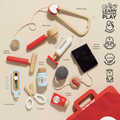 Le Toy Van Wooden Honeybake Doctors Play Set With Thermometer, Syringe, Stethoscope, Blood Pressure Gauge Plus More Role Play Toy