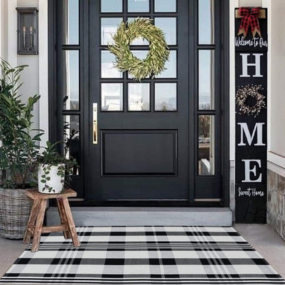 CAINANEL Buffalo Plaid Outdoor Rug Black and White Check Rug 35.4'' x 59'' Cotton Hand-Woven Checkered Front Welcome Door Mat Indoor/Outdoor Area Rug for Front Porch,Kitchen,Entry Way,Living Room