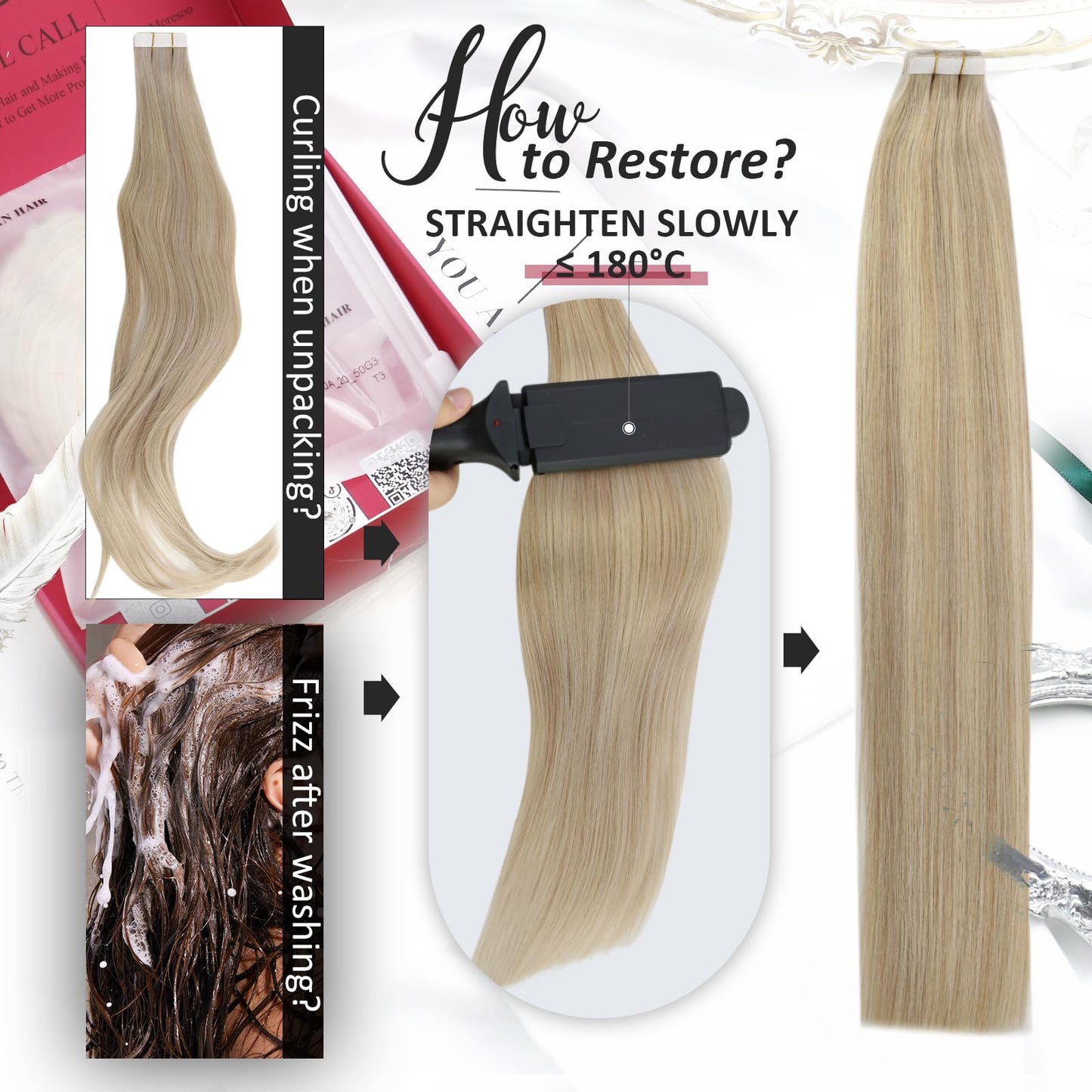 Moresoo Tape in Hair Extensions Human Hair 18 Inch Hair Extensions Tape Real Hair Ash Blonde with Platinum Blonde Tape in Extensions Remy Human Hair #P18/613 20 Pieces/50g