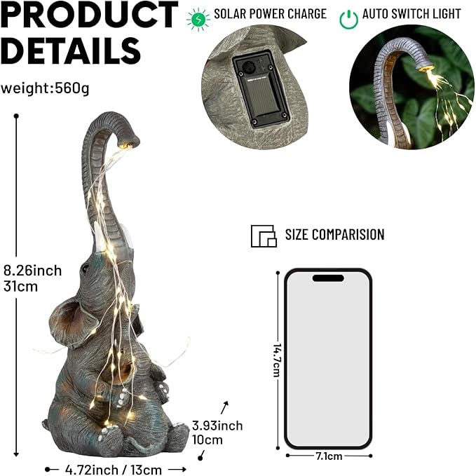 Elephant Statue with Solar Watering Lights, Outdoor Garden Decor for Patio, Yard, Lawn, Unique Gifts for Women, Mom – Resin Elephant Sculpture (Dark Grey Two Elephants)