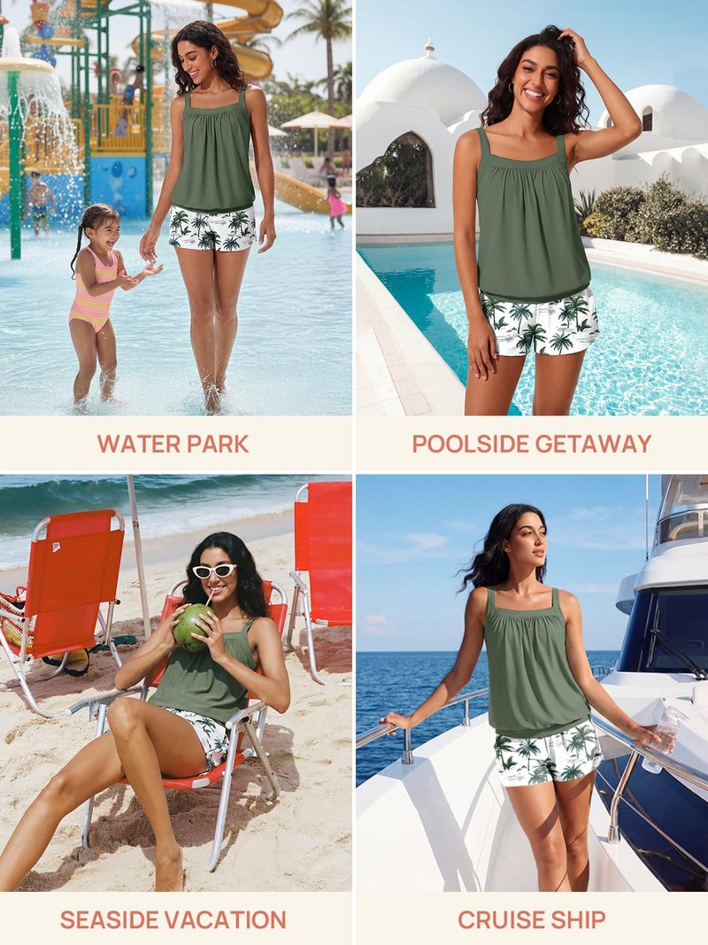 Summer Mae Blouson Womens Tankini Swimsuits 2026 Modest Tummy Control Bathing Suits Swim Shorts with Pockets for Beach Green Shadow Size 10