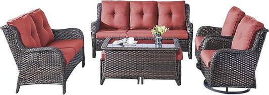 Rilyson Wicker Patio Furniture Set - 7 Piece Rattan Outdoor Sectional Conversation Sets with 2 Rocking Swivel Chairs,2 Ottomans,1 Sofa,1 Loveseat and 1 Coffee Table for Porch Deck Garden(Brown/Red)