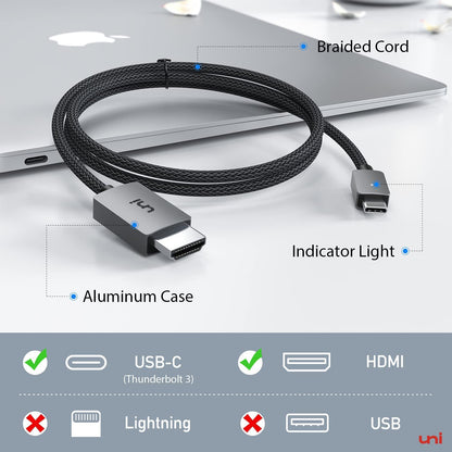 uni USB C to HDMI Cable, [4K, High-Speed] USB Type-C to HDMI for Home Office, [Thunderbolt 3/4 Compatible] for iPhone 16 15, MacBook Pro/Air, iPad Pro/Air, iMac, S23, XPS 17 etc.-1.8m