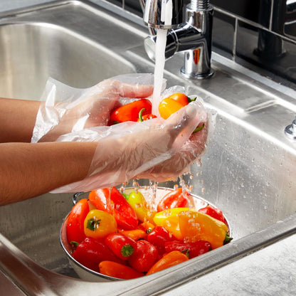 Juvale 100-Pack Transparent Plastic Disposable Food-Safe Gloves for Cooking, Kitchen Prep, Baking, and Food Handling (One Size Fits Most, Clear) - Plastic Gloves