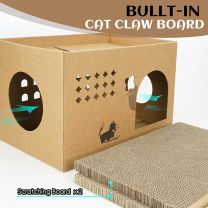 Cat Cardboard House with 2 PCS Scratching Pads，Large Cat Scratcher Bed Cat Scratchers Lounge for Indoor Cats with Corrugated Board Detachable Cat Scratcher Box for Cats.(Cactus) 1