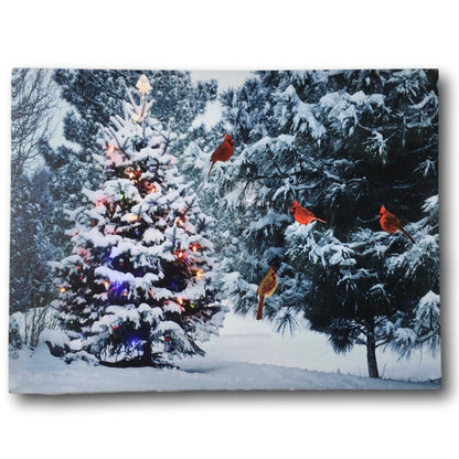 BANBERRY DESIGNS Lighted Holiday LED Wall Art - LED Cottage Along a Stream Christmas Scene with Cardinals and Snowman - Set of 2 - Old Fashioned Cobblestone Bridge - Measures 11.75" x15.75"