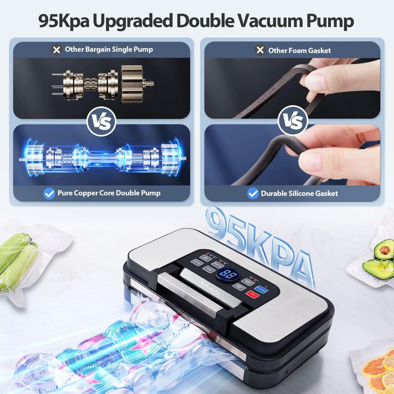 95Kpa Precision Pro Vacuum Sealer, with Double Heat Seal & Dual-Pump for Dry/Moist Food, 2X Strength, Food Vacuum Sealer Machine with Easy-Lock Handle, Built-in Cutter & Bag Storage, Stainless Steel
