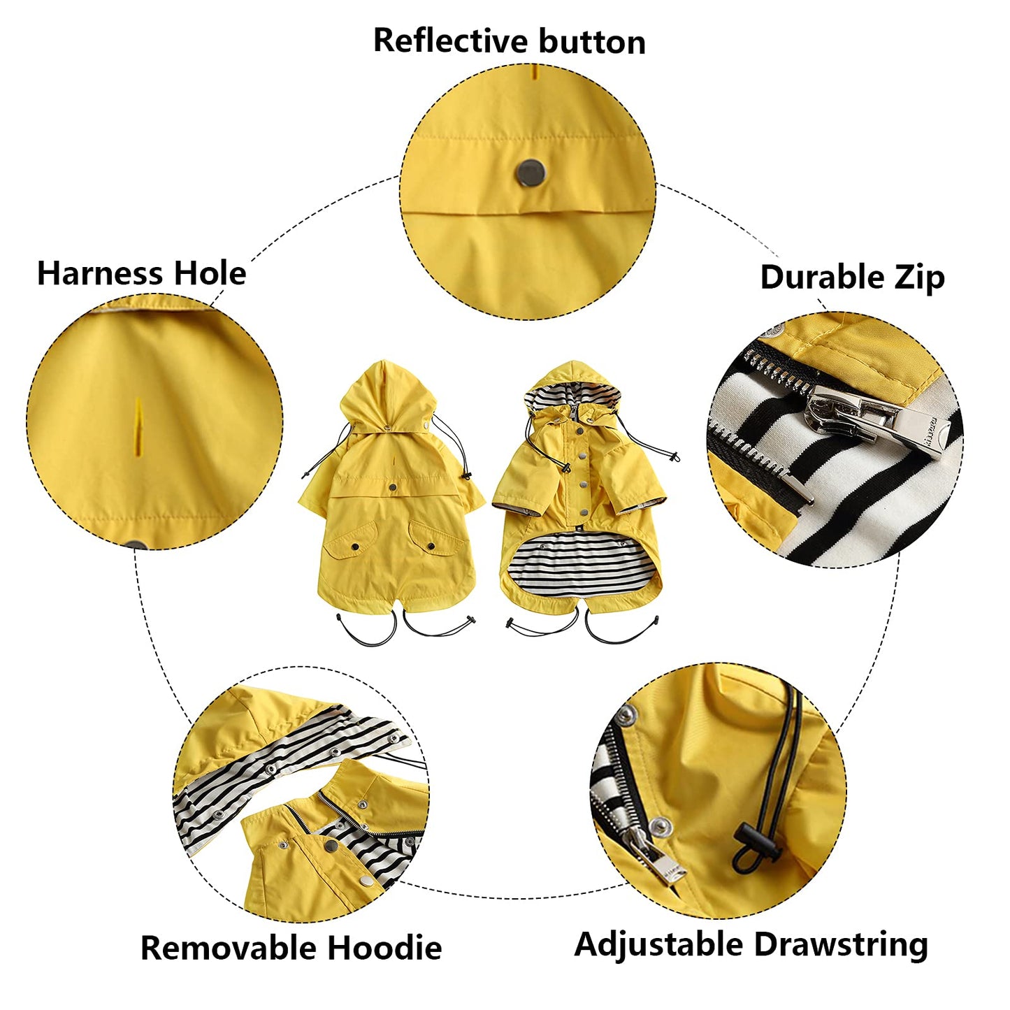 Morezi Dog Zip Up Raincoat with Reflective Buttons, Rain/Water Resistant, Adjustable Drawstring, Removable Hood, Raincoats with Legs 4kg to 36kg Available - Yellow - M