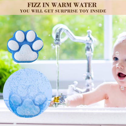 Paw Bath Bomb for Kids with Surprise Toys Inside, 12 Pcs Colorful Handmade Natural Bath Ball with Sparkling Crystal Toys, SPA Fizzy Bath Bomb Gift Set for Girl Boy at Christmas, Birthday