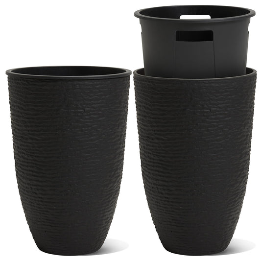 Worth Garden 2-Pack 21" H. Black Tall Planters with Inside Pots - 14'' Dia Plastic Large Round Plant Tree Pots - Decorative Imitation Stone Finish for Indoor Outdoor Front Porch Container Patio