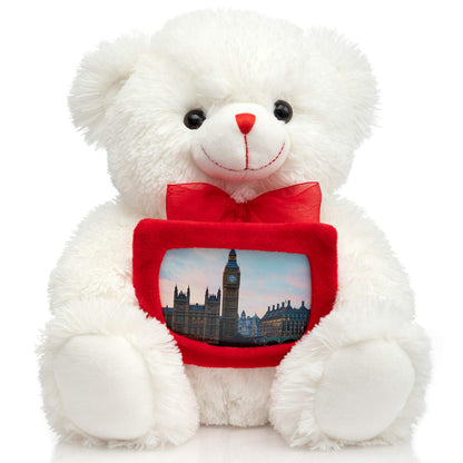 HollyHOME Teddy Bear Stuffed Animal Plush Bear with Red Bow Holding a Picture Frame Soft Plush Toy Holiday Toy Gift 12 Inches Whit