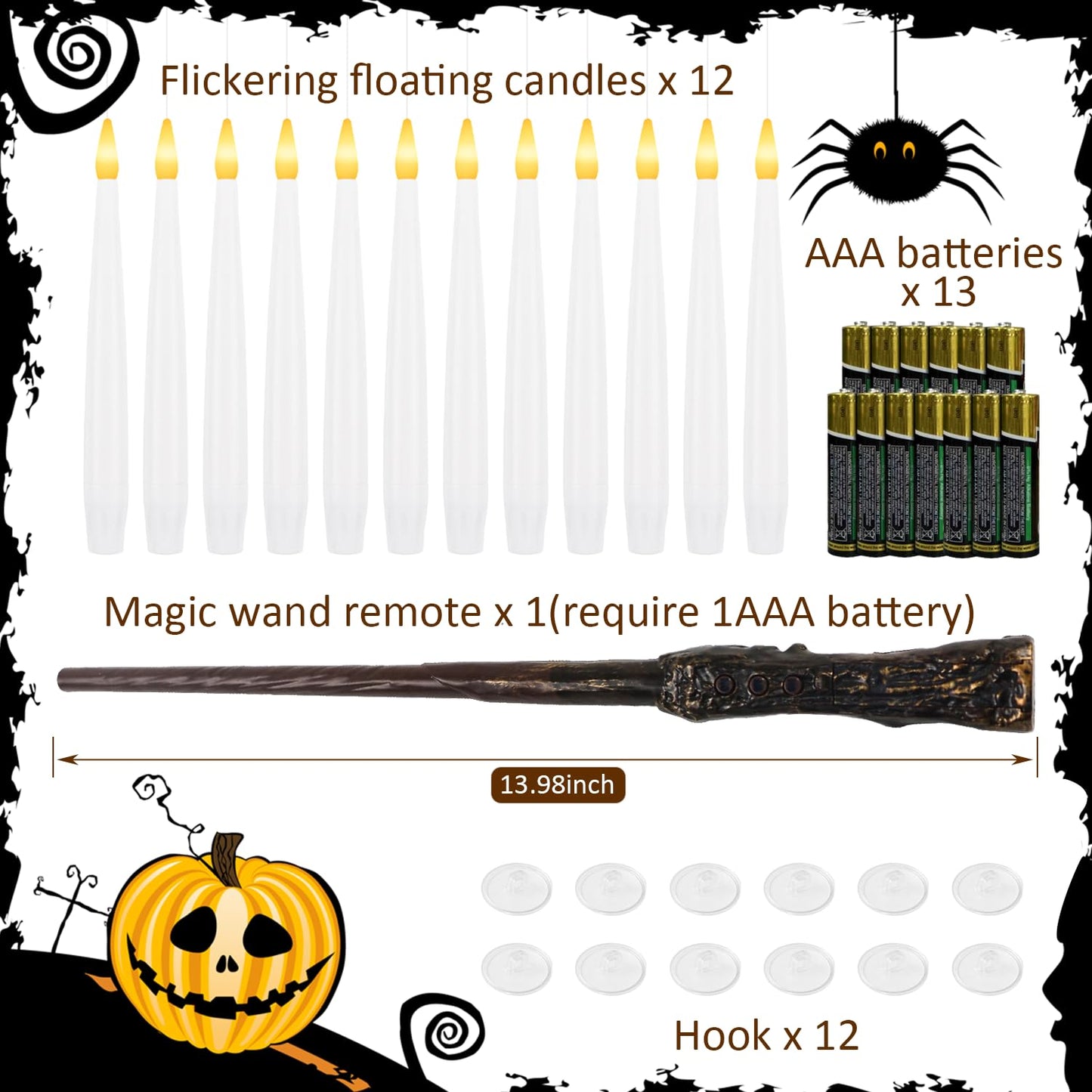 Sunjas 12 PCS Floating Candles with Wand LED Magic Hanging Candle Battery Operated Candle with 13 Batteries Include Flickering Warm Light Floating Candles for Christmas Halloween Decoration