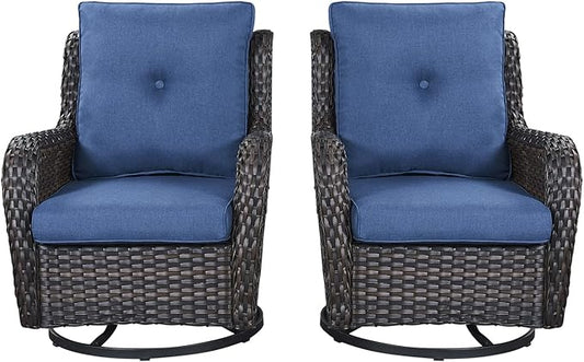 Rilyson Wicker Rocking Chair Swivel Chairs - 2 Piece Rocker Patio Chairs Set Rattan Rocking Chair for Outdoor Porch Deck Garden Backyard (Brown/Blue)