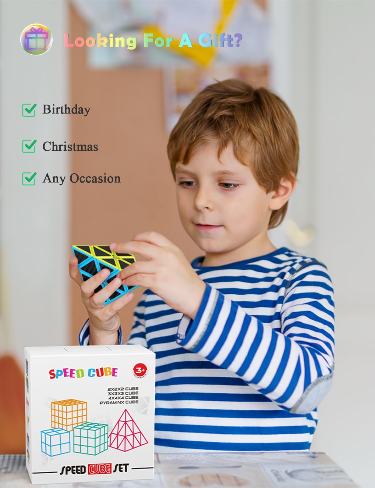 ROXENDA Speed Cube Set, 2X2 3X3 4X4 Pyramid Cube Stickerless with Instruction [4 Pack] (Carbon Fiber Cube Set)