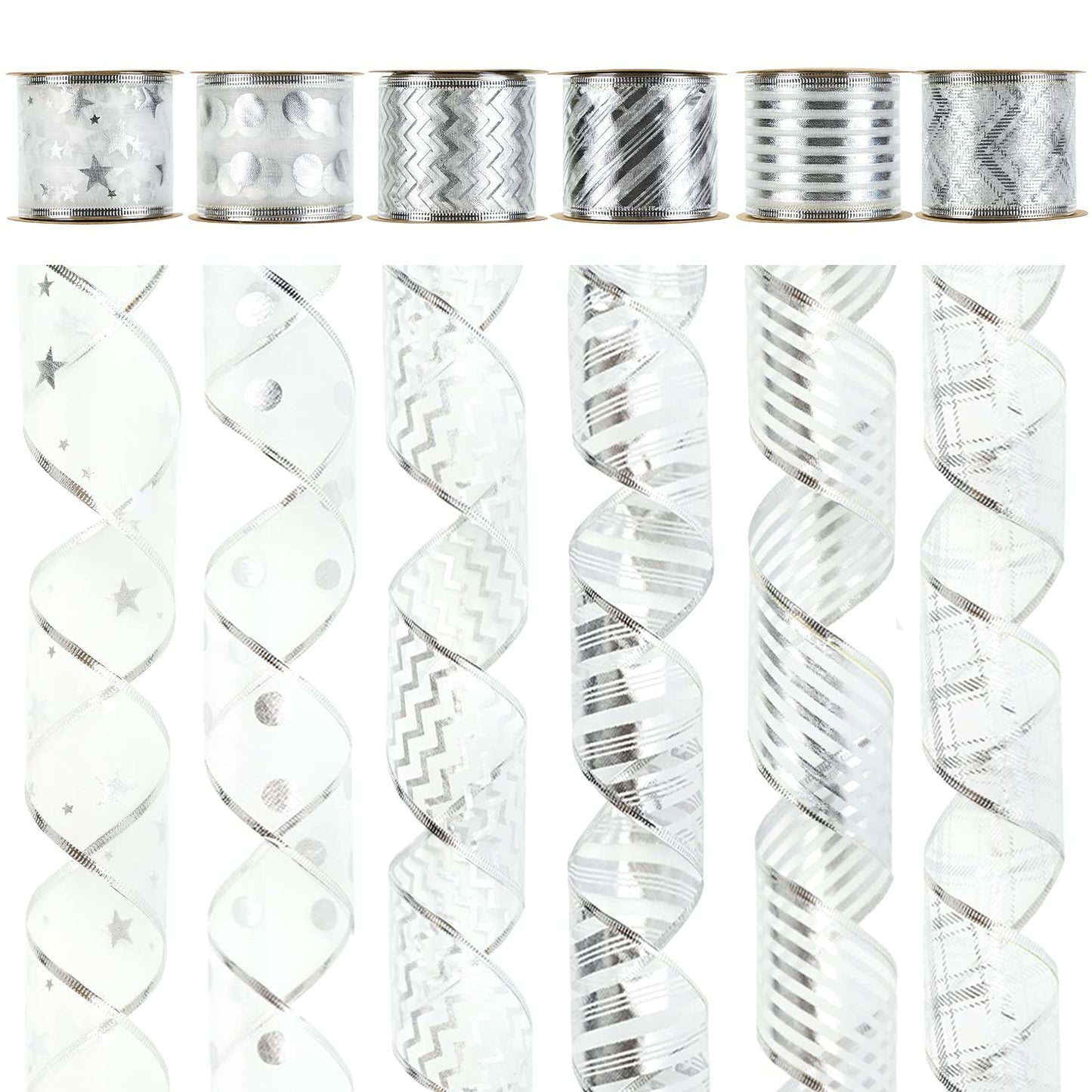 MEEDEE Silver Wired Ribbon for Christmas Tree Decoration - 2.5 Inch, 6 Rolls, 36 Yards - Garland Set for Topper and Bow Making