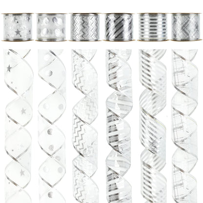 MEEDEE Silver Wired Ribbon for Christmas Tree Decoration - 2.5 Inch, 6 Rolls, 36 Yards - Garland Set for Topper and Bow Making