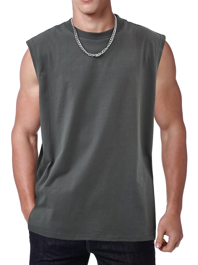 Mens Workout Tank Tops Sleeveless Tee Shirts Men Muscle Shirt Gym Cotton T Shirts Running Beach Loose Fit Tee（XZG,GY,L A-Grey