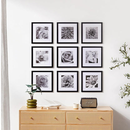 eletecpro 12x12 Picture Frames Set of 9 Classic Gallery Wall Frame Set Displays 8x8 Photo with Mat or 12x12 without Mat, Square Collage Wall Decor, Black Home Decor for Hanging