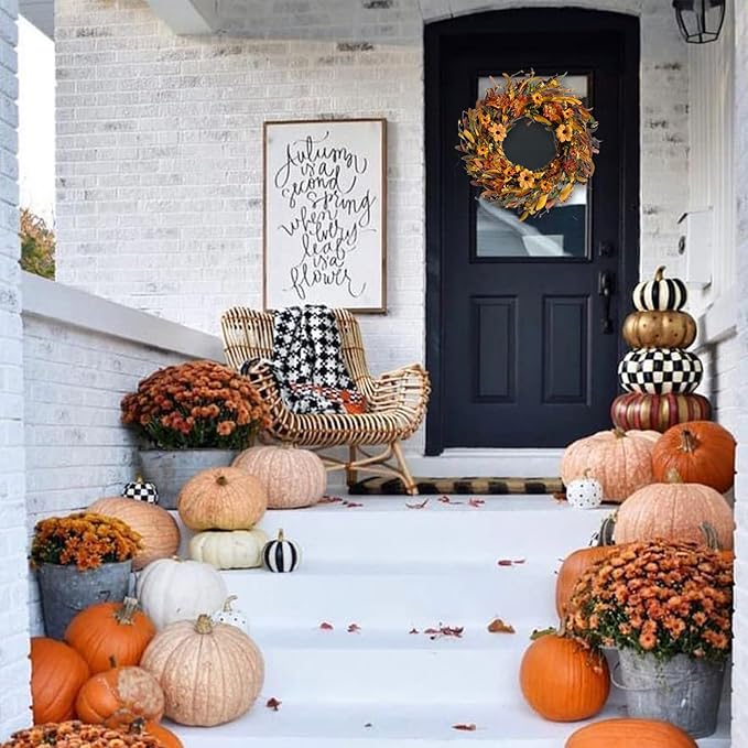 Fall Front Door Wreath,18” Artificial Floral Wreaths with Colorful Daisies and Fall Orange Wreath for Front Door Wall Window and Thanksgiving Decor