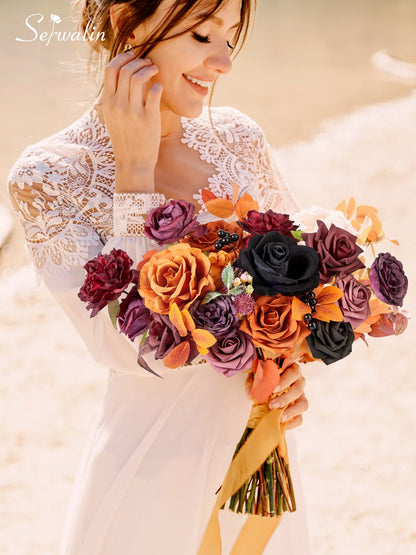 Serwalin Fall Aritificial Flowers Orange Silk Flowers Purple Black Roses Fake Flowers for DIY Centerpieces Boutonnieres Cake Fall Floral Home Decoration