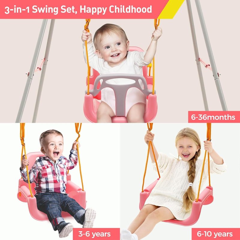 FUNLIO Toddler Swing with Foldable Metal Stand for Toddlers Aged 1~10 Years, 3-in-1 Baby Swing Set with 4 Sandbags for Backyard/Indoor/Outdoor Play, Easy to Assemble & Store, Pink