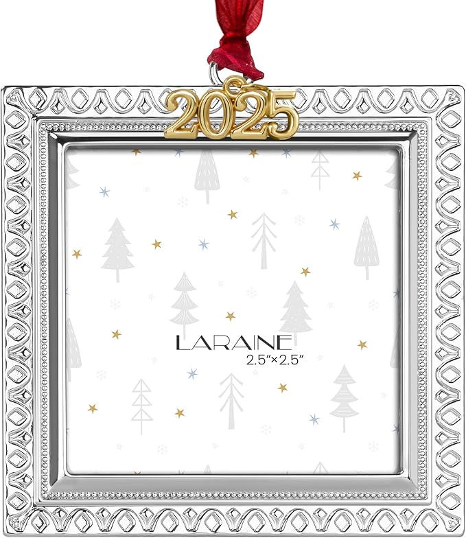 Laraine Christmas Tree Ornaments – Decorative Hanging 2025 Holiday Keepsake Gift Pendant with 2.5” Photo Frame Insert for Picture of Pet (Square Silver (2025))