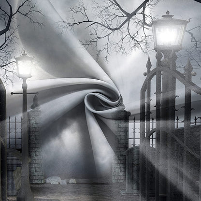 DePhoto Halloween Shower Curtain for Bathroom Scary Night Courtyard Door Spooky Moon Horrifying Dead Tree Street lamp Poliester Water Proof Fabric Decoration with 12Hooks 72x72inch