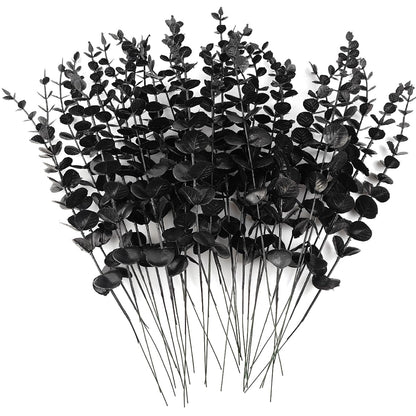 TIHOOD 14PCS 15” Black Eucalyptus Stems Artificial Eucalyptus Leaves Branches Fake Eucalyptuses Decor Faux Eucalyptus leaf Stem for Halloween Autumn Fall Floral Arrangement Wedding Bouquet Home Office