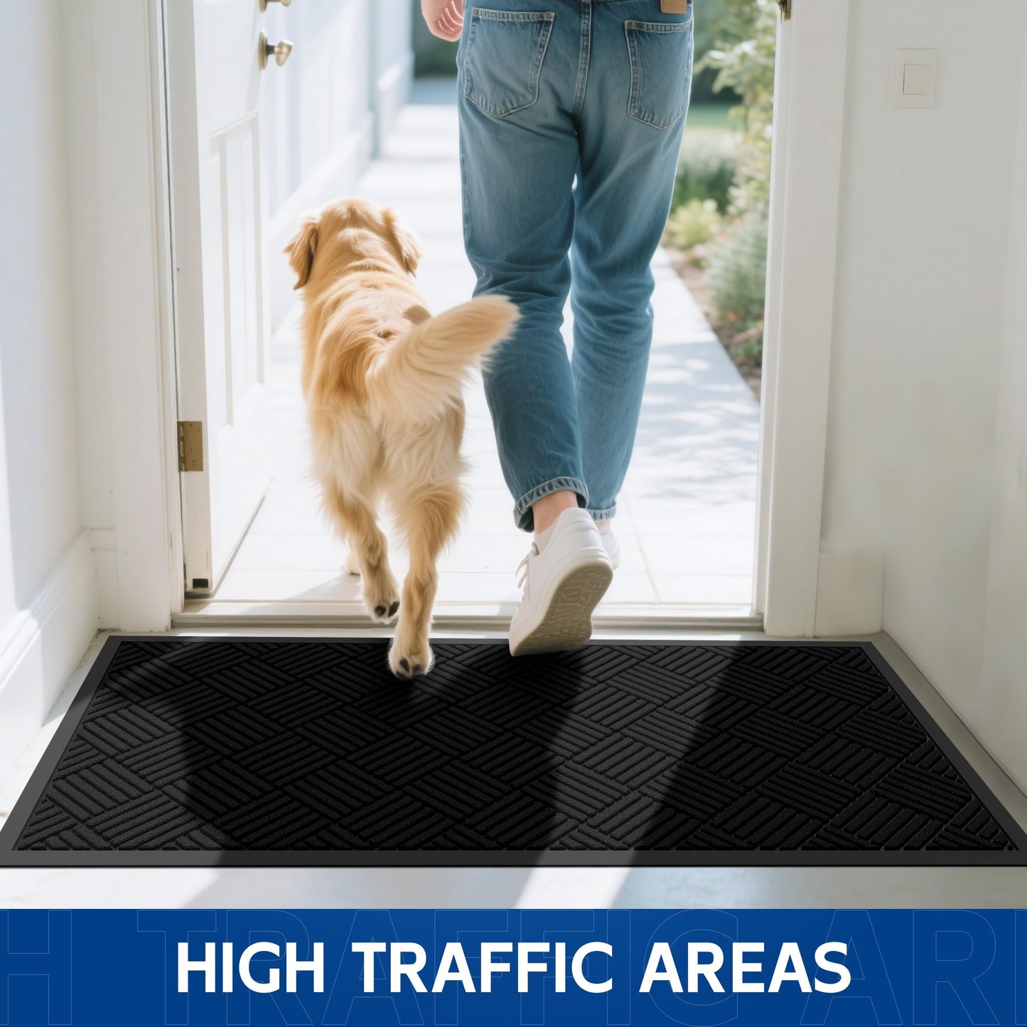 Naturei Durable Indoor Outdoor Door Mat, 3' x 5' Heavy Duty Front Door Mat for Entryway, Non-Slip Backing, Stain and Fade Resistant, Absorbent Commercial Floor Mat for High Traffic Area, Black