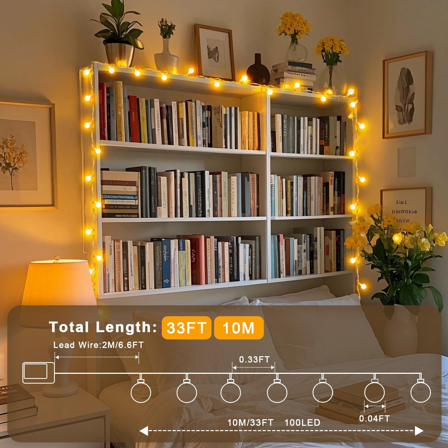 12 M 100 LED Fairy Lights Battery Operated Christmas Lights Indoor Outdoor Waterproof Globe String Lights with Remote Timer 8 Modes for Bedroom Outside Tree Garden Patio Party Decorations Warm White