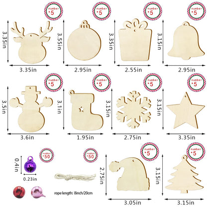 Pseutio 50 PCS Unfinished Wooden Christmas Ornaments DIY Christmas Wooden Slices with 50 Jingle Bells for Crafts Christmas Hanging Decorations (10 Shapes)