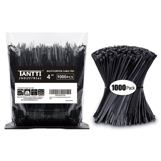 Zip Ties 4 inch, Small Zip Ties with 18 lb Tensile Strength, Black, 1000 Pack, by Tantti Supply