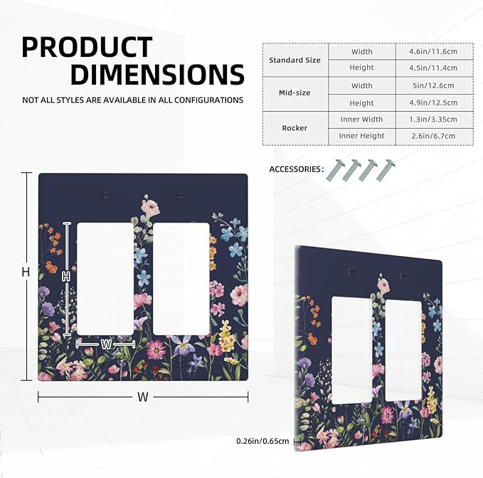Rustic Wild Floral Darkground Vintage Watercolor Flower 2 Gang Rocker Decora Light Switch Covers Decorative Dual Outlet Covers Wall Plate Electrical Faceplate Switchplate GFCI for Bedroom