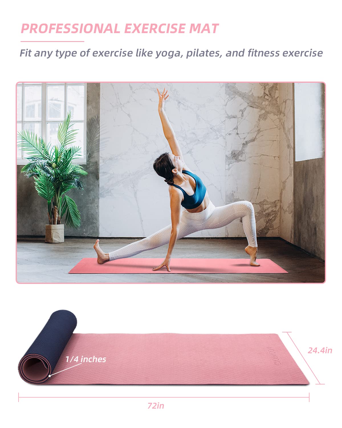 COOLMOON Yoga Mat Non Slip, Anti-Tear 1/4 Thick TPE Yoga Mats for Women and Men, 72"x24" Exercise & Fitness Mat with Carrying Strap, Workout Mats for Yoga, Pilates and Floor Exercise